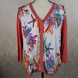 Stizzoli Size XL Coral Colored Cardigan with Coral Printed Graphics 3/4 Sleeves